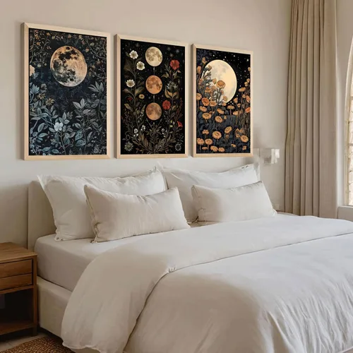 Vista 6 de 3 piezas enmarcadas de plantas de fase lunar en lienzo, arte de pared retro con diseño de flores de luna, impresión de póster con imagen celestial