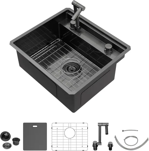 Vista 30 de Fregadero de 13 x 15 pulgadas negro para exteriores, estación de trabajo NANO PVD Gunmetal negro, calibre 16, acero inoxidable, hecho a mano, cuenco