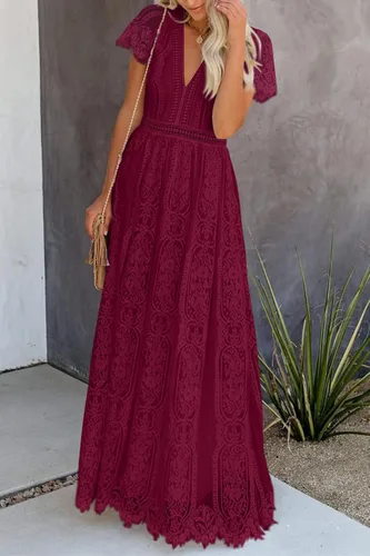 Vista 2 de PRETTYGARDEN - Vestido largo de encaje floral para mujer, manga corta, cuello en V, vestidos de fiesta para boda y para la noche