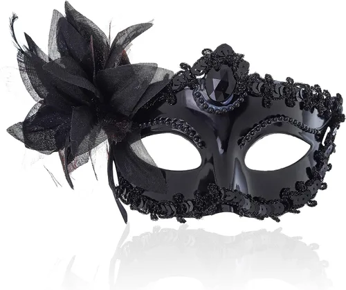Vista 2 de Yokawe Máscara de mascarada negra para mujer, máscara veneciana de flores, de encaje, disfraz de Mardi Gras