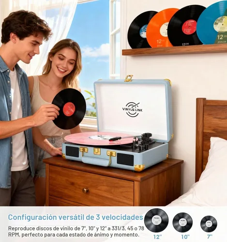 Vista 10 de VINYLSLINK - Tocadiscos de vinilo Bluetooth, tocadiscos portátil de 3 velocidades con control de agudos y graves, altavoces estéreo integrados Azul