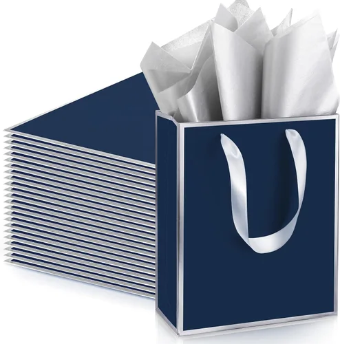 Vista 10 de Yeaqee Paquete de 24 bolsas de regalo de papel metálico con asa y tejido de 9 x 7 x 3.1 pulgadas, papel de aluminio dorado, bolsas de agradecimiento