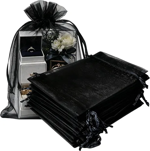 Vista 42 de Paquetes de 50 bolsas de organza de regalo de 4 x 6 pulgadas, cordón negro a granel para baby shower, Navidad, cumpleaños de profesores, recuerdos