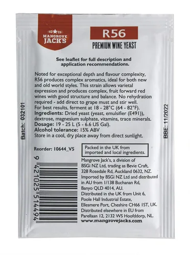 Vista 2 de Mangrove Jacks Premium Wine Levadura R56 0.28 oz trata 23L Rico Complejo de Cuerpo Complejo Rojos