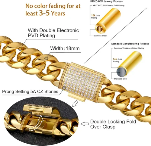 Vista 2 de KRKCCO 18mm12mm Iced Cuban Link Chain 18k Gold Necklace for Men Durable and Anti-Tarnish Urban Street-wear Never Fading Everlasting Shine Hip Hop