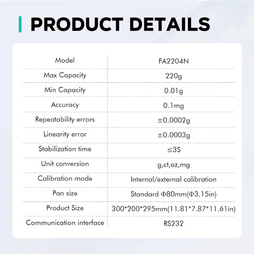 Vista 6 de LAB FISH FA2204N Balanza analítica, 7.76 oz x 0.1mg Calibración dual