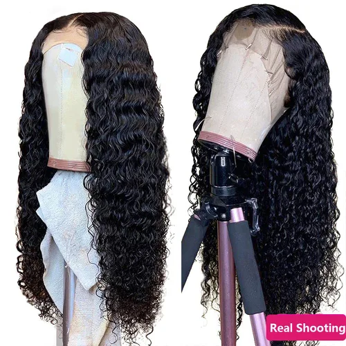 Vista 4 de Peluca de cabello humano rizado con encaje frontal transparente HD de onda profunda, previamente despuntada con abuelitos, nudos blanqueados