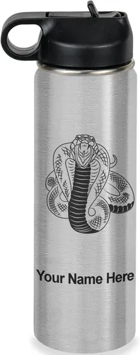 Vista 49 de LaserGram Botella de agua personalizada, serpiente de cobra, acero inoxidable de doble pared aislada al vacío con popote superior, regalo grabado