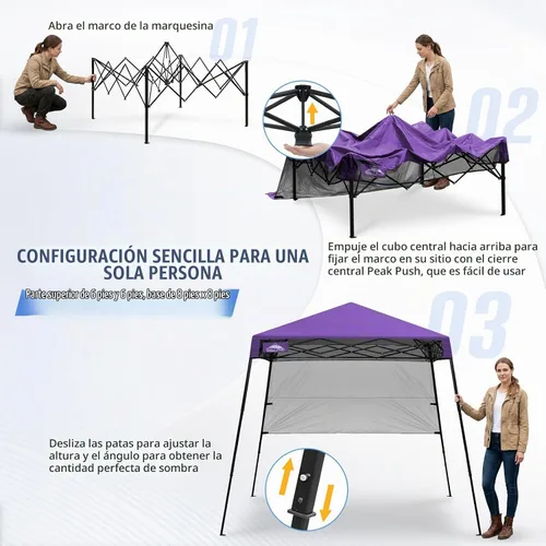 Vista 6 de EAGLE PEAK Toldo Emergente de 8x8 pies con Pared Lateral, Compacto, Portátil con Patas Inclinadas, Refugio Solar Instantáneo para Playa, Deportes
