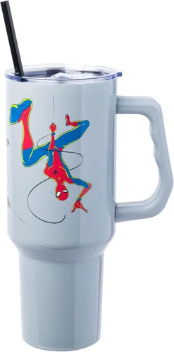 Vista 22 de Silver Buffalo Marvel Avengers - Vaso de acero inoxidable con asa, popote y tapa de pajilla, diseño de Iron Man, Capitán América, Blue Beetle, Thor