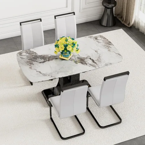 Vista 24 de Moderno juego de mesa de comedor para 4, mesa de vidrio de 63 pulgadas y base de MDF, mesa de comedor de mármol sintético negro con 4 sillas Mesa