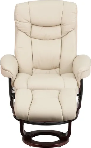 Vista 6 de Sillón reclinable y taburete de piel beige con base giratoria de madera caoba de Flash Furniture, Cuero, Beige Ajuste de palanca, reposabrazos