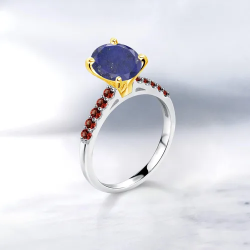 Vista 4 de Gem Stone King Anillo de oro blanco de 10 quilates ovalado azul lapislázuli rojo granate de 2.35 quilates con puntas de oro amarillo