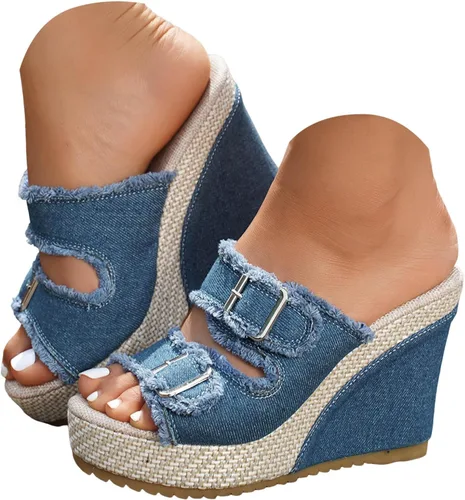Vista 12 de Sandalias de cuña de mezclilla para mujer 2026 con puntera abierta, alpargatas con lazo, zapatos casuales de playa de verano para viajes, fiestas