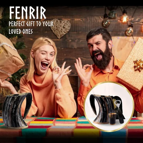 Vista 7 de FENRIR Taza de cuerno vikingo de 16 onzas con vaso de chupito, regalos vikingos para hombres y mujeres, abridor de botellas, jarra de cuerno de buey