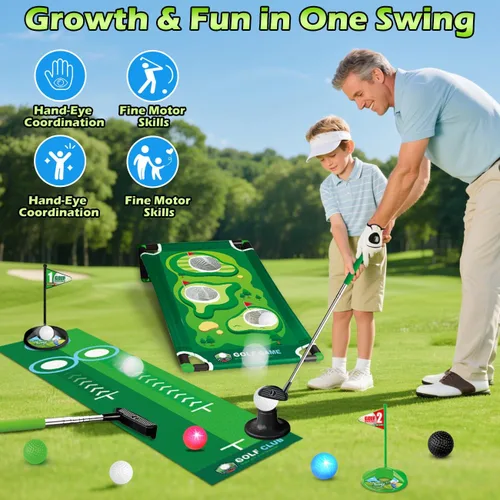 Vista 6 de TERRAMUS Juego de golf 3 en 1 para niños con devuelvedor automático de dinosaurio, tablero de Cornhole de golf, bolas con luz LED, alfombra de putt