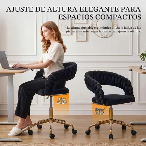Vista 7 de NIOIIKIT Silla tejida para oficina en casa, silla giratoria de terciopelo Negro