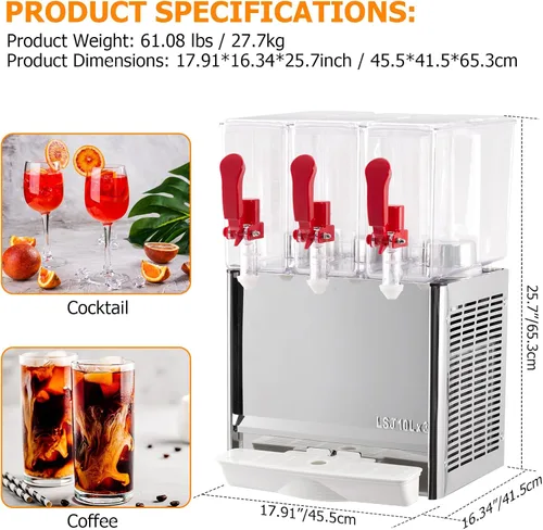 Vista 7 de Garvee 3 Tanks Dispensador de jugo comercial de 7.93 galones, 30 L, 10 litros por tanque, dispensador de bebidas de té helado de grado alimenticio