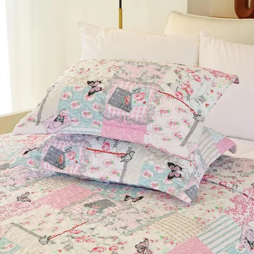 Vista 5 de Cmfshape Juego de ropa de cama floral de jardín, colcha acolchada reversible, juego de edredón de mariposa rosa, colcha reversible cosida con 2
