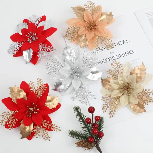 Vista 7 de 24 piezas de flores de Pascua doradas de 6 pulgadas para decoraciones de árbol de Navidad - Flores artificiales para adornos de árbol de Navidad