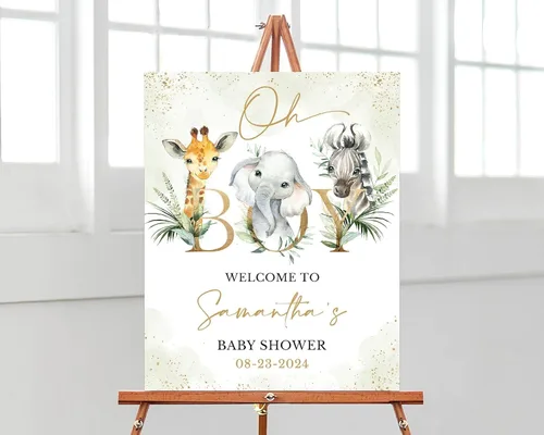 Vista 10 de Plantilla de letrero de bienvenida de baby shower de safari bohemio, letrero de baby shower de animales de selva editable, letrero de bienvenida