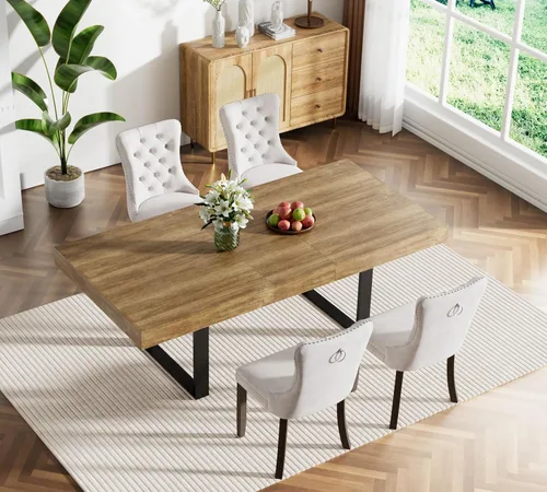 Vista 2 de Juego de mesa de comedor extensible de 5 piezas para 4, mesa de cocina de madera marrón de 63-78.7 pulgadas con 4 sillas acolchadas beige, juego