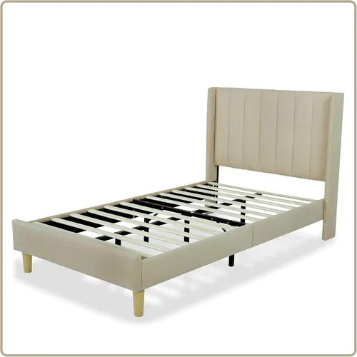 Vista 7 de Upholstered Bed Frame with Wingback Headboard and Wood Slats (Beige-Linen, Twin)