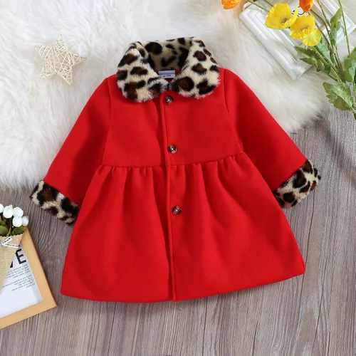 Vista 3 de Chaqueta de invierno de manga larga con estampado de leopardo para niñas pequeñas abrigos cálidos rojo 12-18 meses