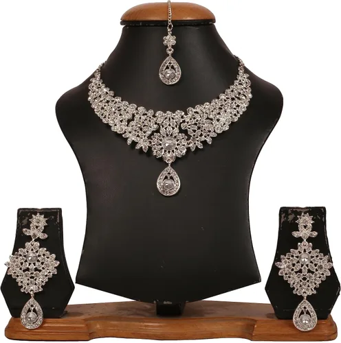 Vista 4 de Touchstone Conjunto de collar de joyería nupcial de diseño nupcial con diamantes de imitación blancos y zafiro sintético azul para mujeres en oro