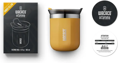 Vista 6 de Taza de viaje Octaroma Classico de WACACO, vaso de viaje de acero inoxidable de doble pared con tapa para beber, 6 fl oz (180ml), ámbar amarillo