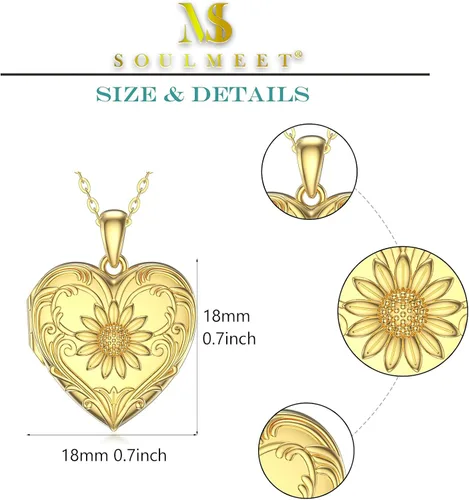 Vista 5 de SOULMEET - Collar con relicario en forma de corazón con girasol, donde se pueden guardar fotografías de personas para tenerlas cerca de ti, joyería