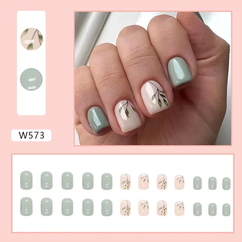 Vista 2 de Uñas postizas a presión de forma de ataúd de longitud corta, 24 piezas, uñas postizas brillantes de cobertura completa reutilizables con pegamento