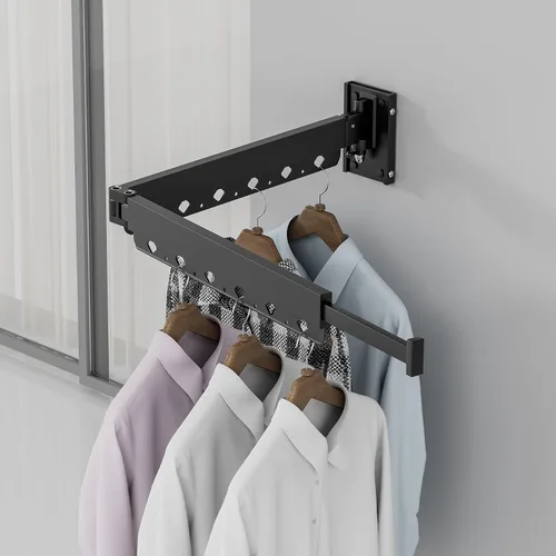 Vista 2 de Estante de Secado de Ropa, Tendedero de Ropa Retráctil y Plegable para Montaje en Pared para Interior, Estante de Colgar Ropa Ahorrador de Espacio