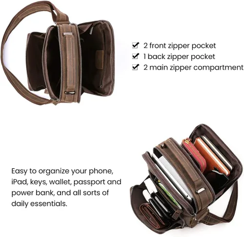 Vista 5 de Bolso bandolera pequeño de cuero genuino para hombre, bolso cruzado de hombro vintage para trabajo, negocios, viajes