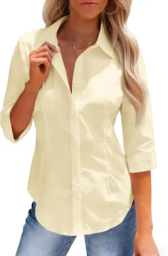 Vista 17 de siliteelon Button Down Shirts for Women: Slim Fit Stain Shield 3/4 Sleeve Dress Shirt Formal Work Button Up Blouses