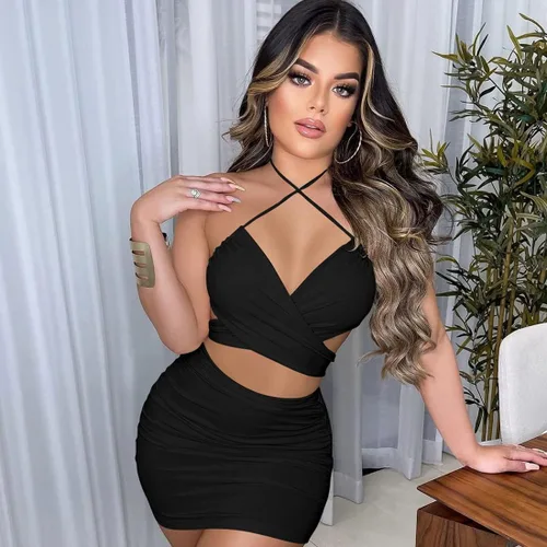 Vista 5 de TICBRY Minivestido sexy para mujer con tirantes cruzados y fruncido para fiesta o club