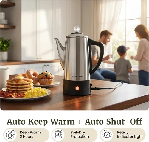 Vista 7 de Elite Gourmet EC140 Cafetera eléctrica de 6 tazas con función de mantener caliente, perilla de progreso de preparación transparente, mango de tacto