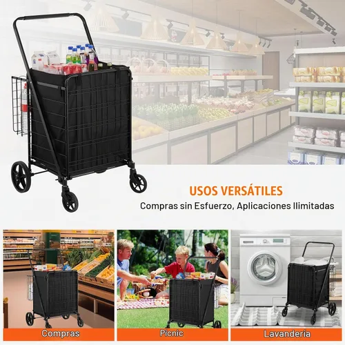 Vista 7 de VEVOR Carrito de compras plegable con forro impermeable extraíble, carrito de comestibles jumbo de gran capacidad de 330 libras con canasta doble