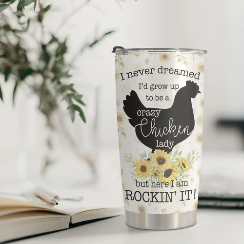 Vista 5 de Crazy Chicken Lady Gifts – Vaso de acero inoxidable con girasol de pollo de 20 onzas para dueños de pollos – Taza de viaje de pollo para mamá