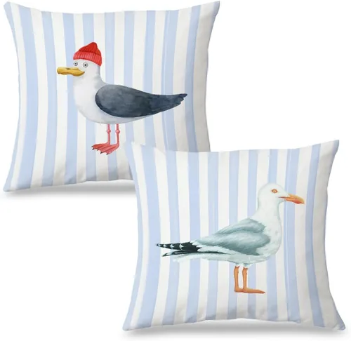 Vista 13 de Fundas de almohada costeras de langosta, fundas de almohada náuticas de langosta roja de Nueva Inglaterra con rayas azules y blancas para casa