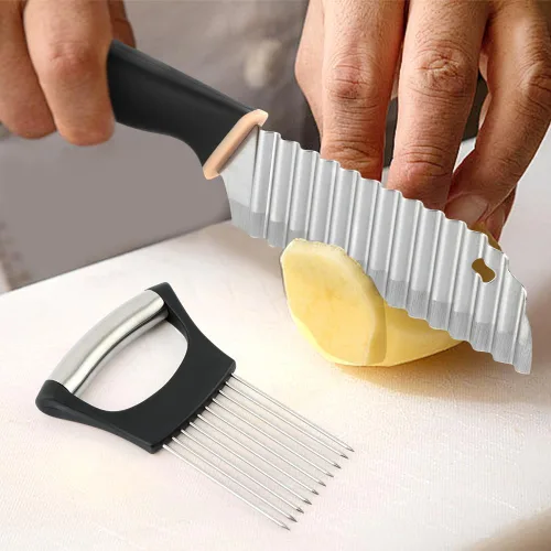 Vista 9 de Cuchillo de corte arrugado, mango de goma, cortador de papas fritas de acero inoxidable con soporte para cebolla, cuchillo para cortar ensalada