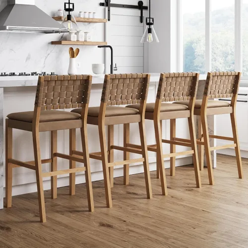 Vista 32 de Nathan James Cohen Mid-Century Modern - Taburete de bar de madera de 29 pulgadas, taburete tapizado de piel sintética con marco de madera maciza