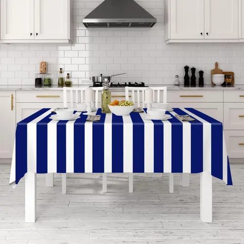 Vista 4 de peony man Mantel rectangular desechable de plástico azul náutico, 4 piezas, a rayas, azul náutico, para fiestas, cocina, comedor, decoración de mesa