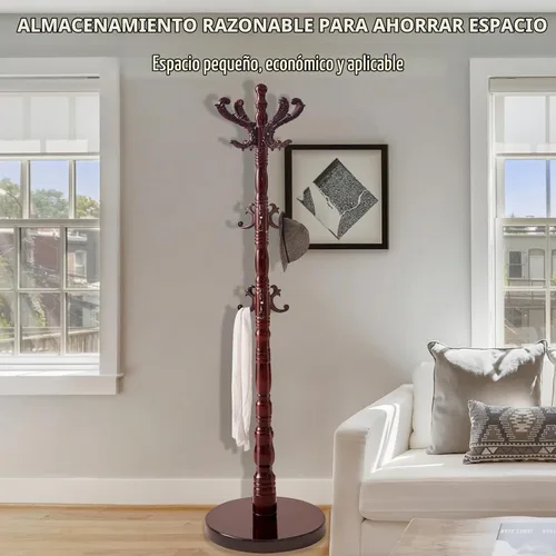 Vista 6 de ZOZOE Perchero de madera clásico, perchero de pie de madera maciza con 14 ganchos, perchas vintage con base redonda resistente, colgador de abrigos