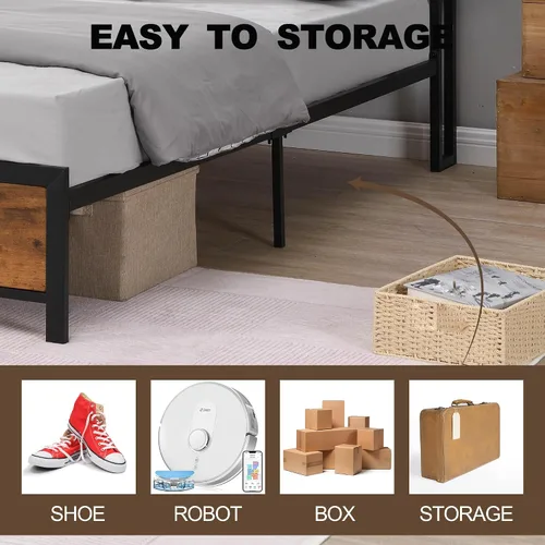 Vista 6 de Base de cama matrimonial con luces LED y 2 puertos USB, marco de cama de metal con estación de carga, marco de cama de granja con almacenamiento