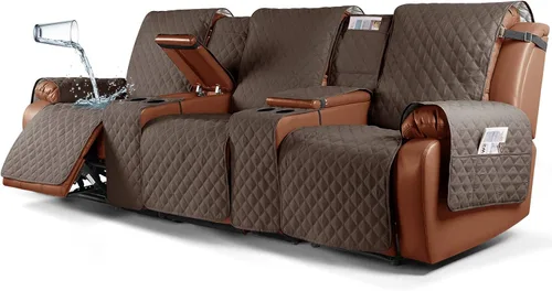Vista 24 de Ruaozz Funda impermeable para sofá biplaza reclinable con consola, funda antideslizante para sofá reclinable dividido, con correas elásticas Beige