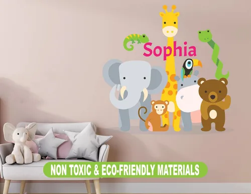 Vista 3 de Calcomanía de pared con nombre personalizado de animales de la selva, diseño de animales del zoológico de safari para bebé, calcomanía de pared