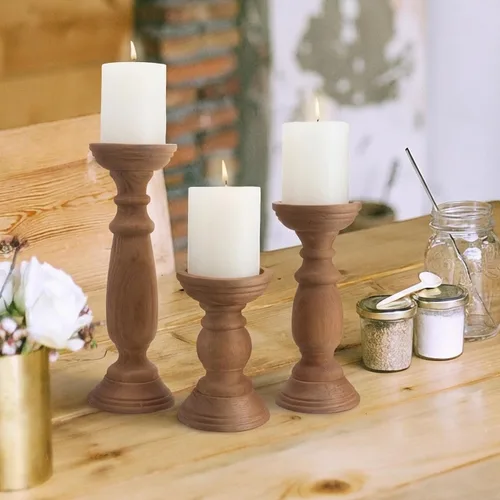 Vista 7 de Juego de 3 portavelas de pilar de madera rústica de 12, 9 y 6 pulgadas, soporte de velas de madera estilo granja para centros de mesa, candelabros