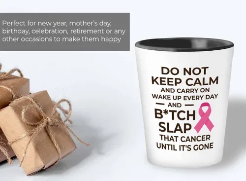Vista 5 de Vaso de chupito contra el cáncer de 1.5 oz – Btch Slap That Cancer – Regalo de condolencias para el cáncer de mama Mujer fuerte Apoyo Quimioterapia