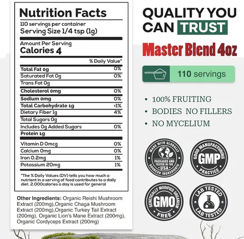 Vista 4 de Wild Foods Mezcla de hongos salvajes Reishi, Chaga, Cordyceps, cola de pavo y melena de león - Paquete de 4 onzas - Reductor de estrés adaptogénico